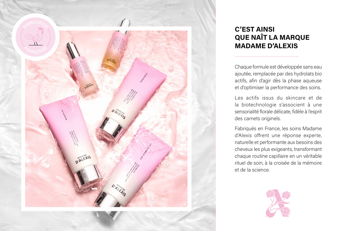 Gamme de soins capillaires Madame d'Alexis sur fond rose poudré